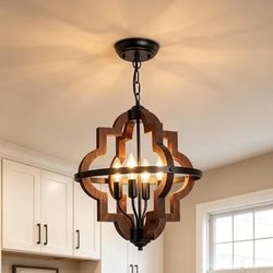 4-Light Farmhouse Wooden Chandelier,Industrial Rustic Quatrefoil Light, Black Metal & Wood Cage