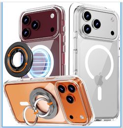 for iPhone 18/17 Pro Max Case Clear 360 Spin Magnetic Black Stand Fit for MagSafe, Screen Protector, Detachable Ring Holder Grip, Military Grade Drop