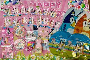 Adorable Bluey pink themed birthday party supplies.