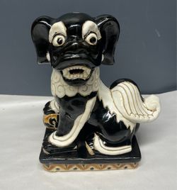 Ceramic Foo Dog Guardian Lion Statue Black Cream Glazed Figurine