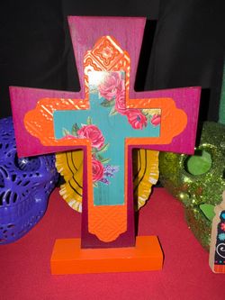 Decorative Wooden Cross with Floral Design