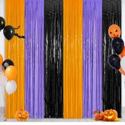 2 Pack Halloween Backdrop, 3.28 FT x 7.05 FT Foil Fringe Curtains, Orange Purple Black