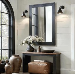 Farmhouse Rustic Wood Framed Bathroom Vanity Mirror for Wall, 26x38, Black Recessed Stepped Solid Wood Frame, HD Shatterproof Glass, Vertical/Horizont