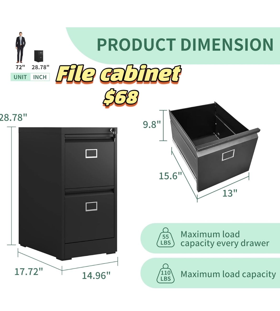 ✌️ 2 Drawer File Cabinet,Metal Vertical File Cabinets with Lock for Office