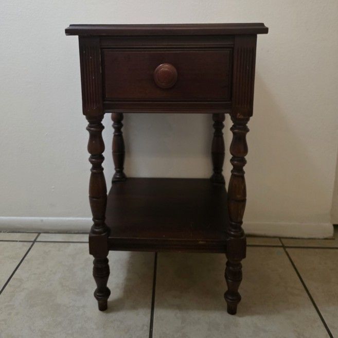 Dark Wood Vintage-Style Nightstand With a Single Drawer and Bottom Shelf