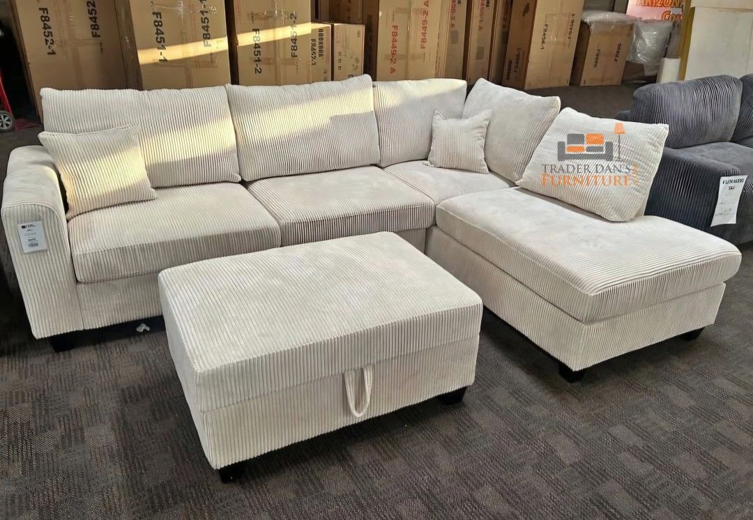 Brand New Ivory Corduroy Sectional Sofa W/USB +Storage Ottoman (New In Box)