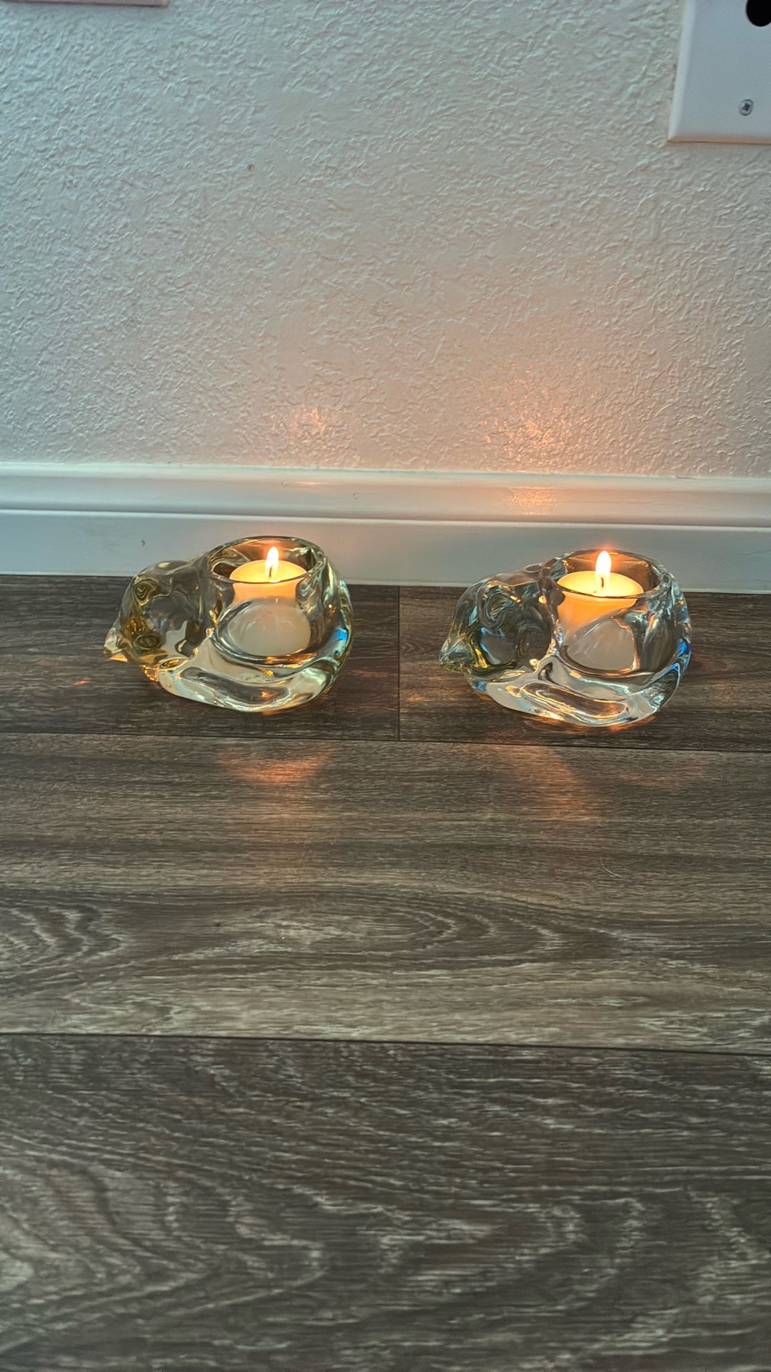 Set of 2 Vintage Indiana Glass Avon Sleeping Cat Kitten Votive Candle Holders