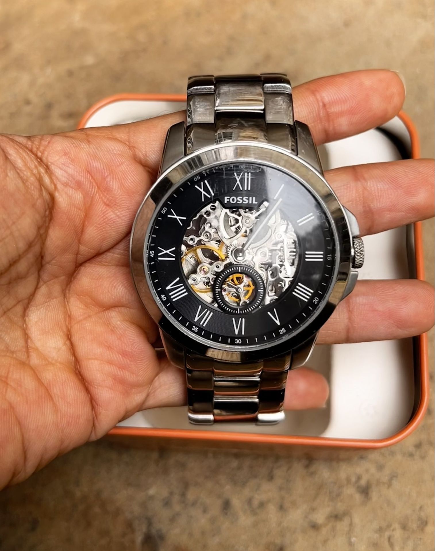 Fossil Black And Silver Skeleton Dial Watch 