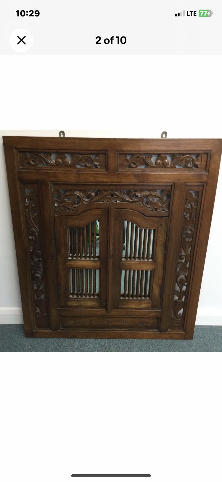 Large Square Vintage Carved Wood Wall Mirror With Floral Design & Barred Doors 1980’s