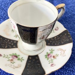 Vtg. Black And White Pattern Porcelain Cup / Demitasse + Saucer Gold Accents