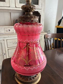 Gorgeous large pink vintage glass lamp with gold etching and embellishments