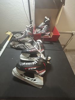 CCM Hockey Bundle – 3 Skates (Sizes 2, 4, 5) + Stick – Great Deal!