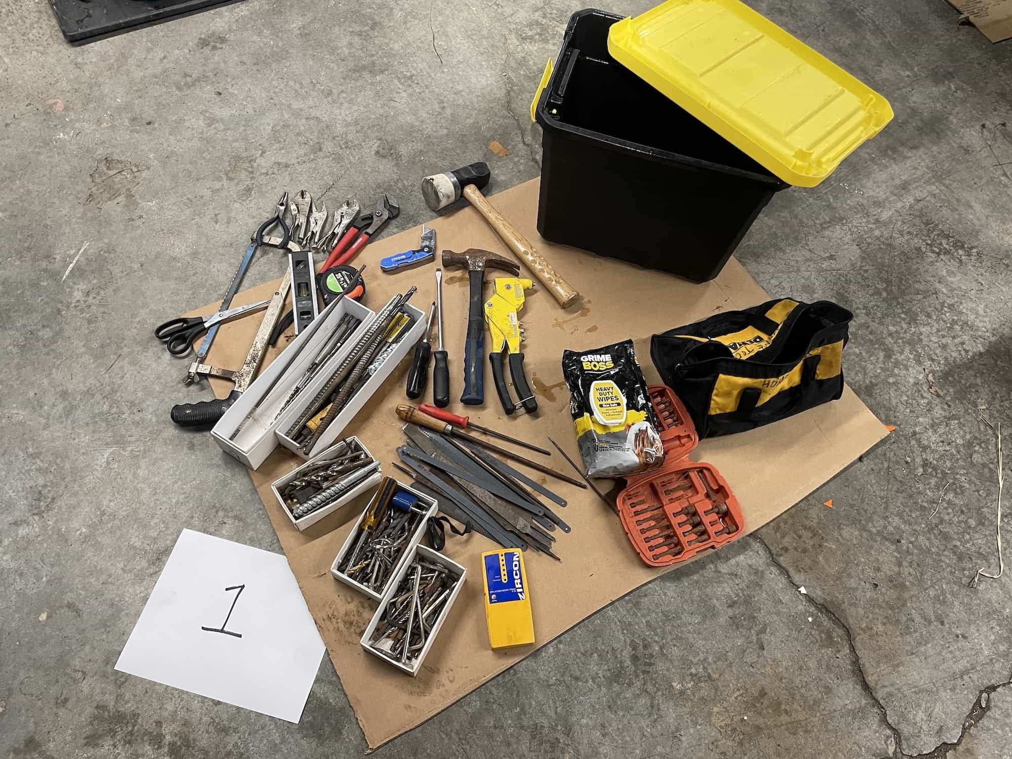 $50 - Tools GRAB BAG #1 : Hacksaw, Files, Bits, Blades, Pliers, Bin, Toolbag, Stud Finder & More