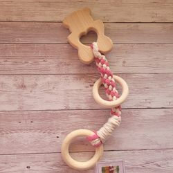 Baby Teether Off White And Pink Bear Wooden