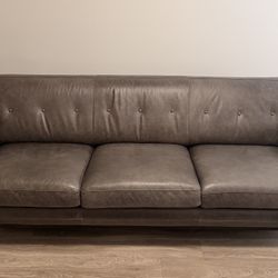 Gray Genuine Leather Sofa – Modern Mid-Century 3-Seater