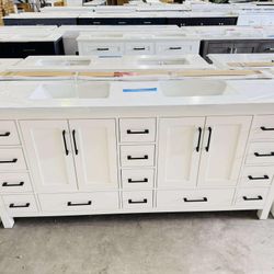 Brand New Bathroom Vanity in white 72”, double sink soft close solid wood.  $999 
