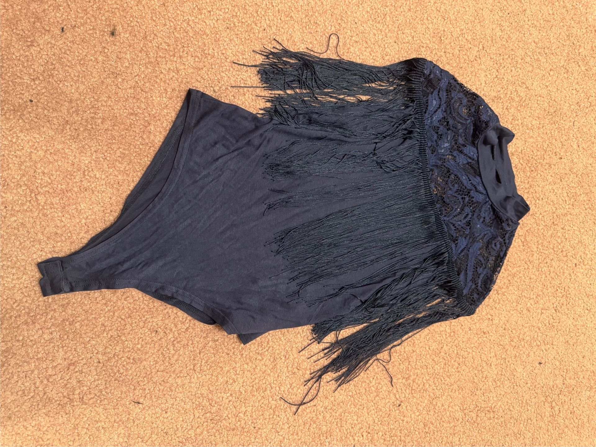 New Medium Blue Lace Fringe Stretchy Bodysuit Boho Festival Country Western