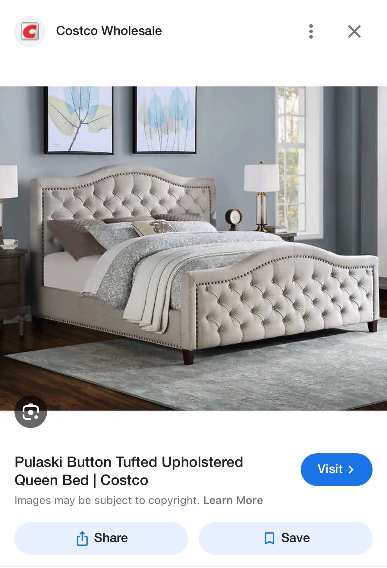 Costco Pulaski Button tufted Upholstered queen Bed