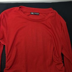 ZARA Women’s Red Ribbed Long Sleeve Top with Adjustable Side Ruching - Size Large
