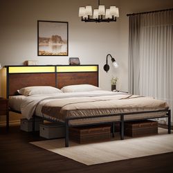 King Bed Frame with Headboard LED Lights Charging Station No Box Spring Needed Noise Free  Brown