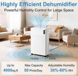 4000 Sq.Ft Energy Star Dehumidifier, 50 Pints/Day, Portable Dehumidifiers with Drain Hose & 1.7 Gal Water Tank, Intelligent Humidity LED Display, Quie