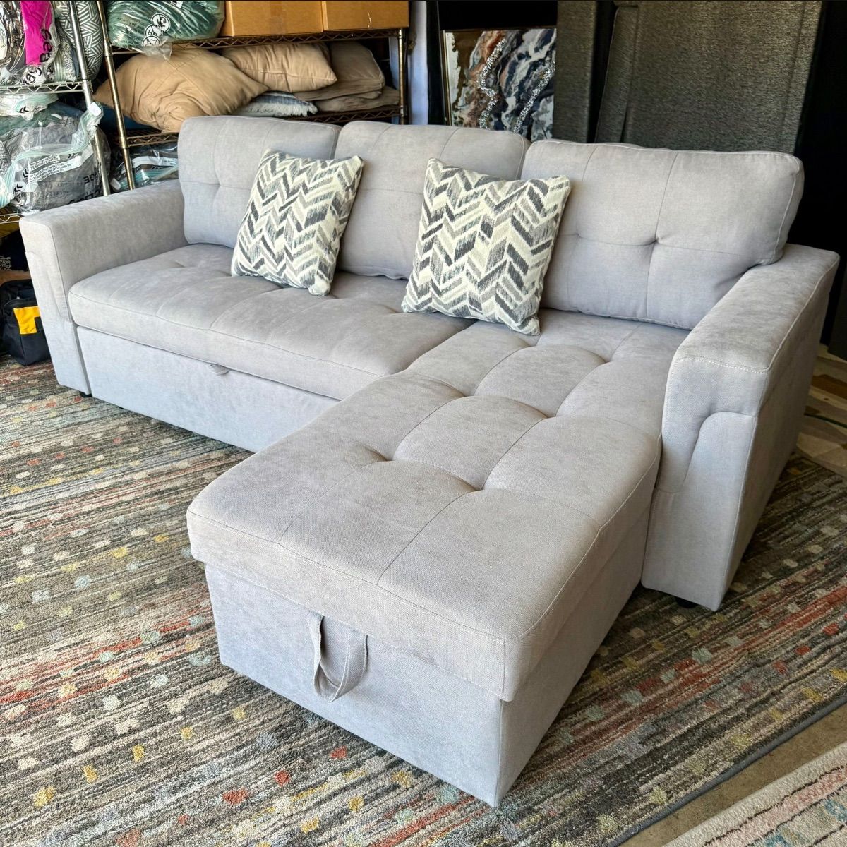 Light Gray Sleeper Sectional Sofa Bed with Pullout Bed & Storage Chaise