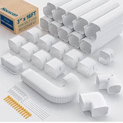 3" 16Ft Mini Split Line Set Cover with Flexible Duct, Upgrade PP Decorative Minisplit Lineset Cover Kit, Paintable for Mini Split, Air Conditioner, Ce