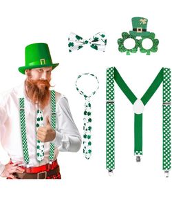 St Patricks Day Suspenders Accessories Decor Women/Men' s Irish Green Party Decorations with a Bow-tie,a Tie,a Pair of Glasses (Set, Green)
