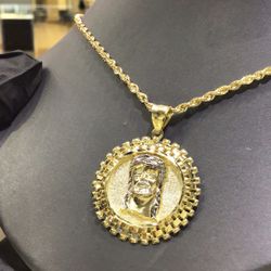 10k Gold Pendant With New Design With Diamond Cuts Rope Necklace 20” Inch Come With It ,together Deal Both …