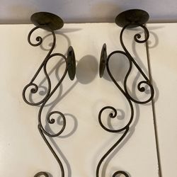 Pair of Scroll Pattern Gold Tone & Black Wall Mount Candle Sconces 20” x 6 1/4”D x 4”W Metal Candleholder Bronze