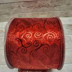 New Member's Mark Sheer Red Curl Pattern 5 Inch Width x 25 Yards Wired Ribbon