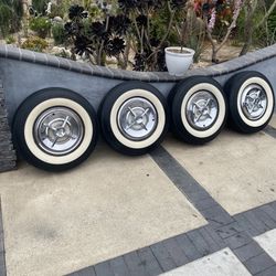 Set of 4 Classic Whitewall Tires with Chrome Wire Hubcaps