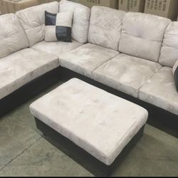 Beige Microfiber Sectional Couch and Storage Ottoman