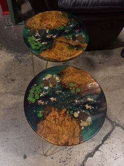 Round Koi Resin and Wood Side Table 
