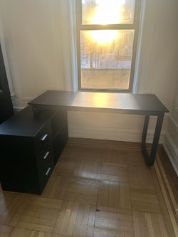 Black L-Shaped Desk with 3 Storage Drawers and 2 Shelves