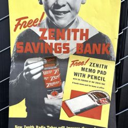VINTAGE POSTER ZENITH SAVINGS BANK MONEY BOX MEMO PAD WITH PENCIL 22x14 INCHES