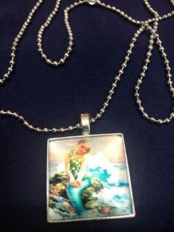 Mermaid Girl Cabochon Silver Tile Chain Pendant Necklace *See My Other 200 Items*