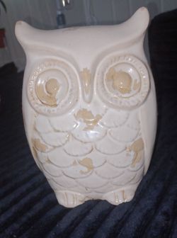 Ceramic Owl Figurine Distressed White 9" tall