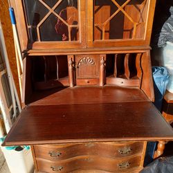 Antique Secretary Desk And Glass Hutch And Drawes Below