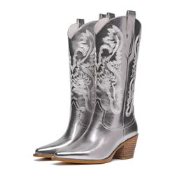Cowboy Boots for Women Metallic Mid Calf Cowgirl Boots Pull-on Pointed-toe Low Heel Shine Sparkly Wid Calf Western Boots