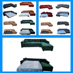 BRAND NEW 9X5.5FT And 7X9FT SECTIONAL CHAISE SOFA WITH SLEEPER, Velvet Evergreen FABRIC 