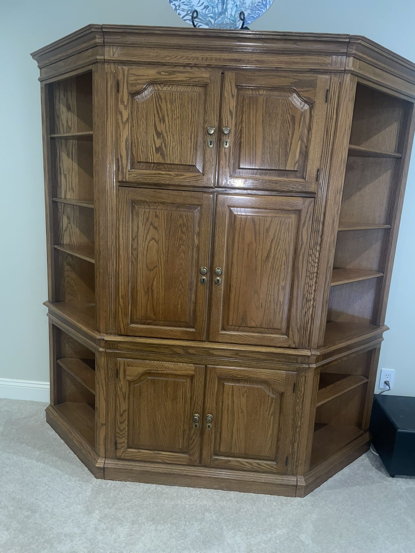 Oak Shelves And Entertainment Center. Three Pieces