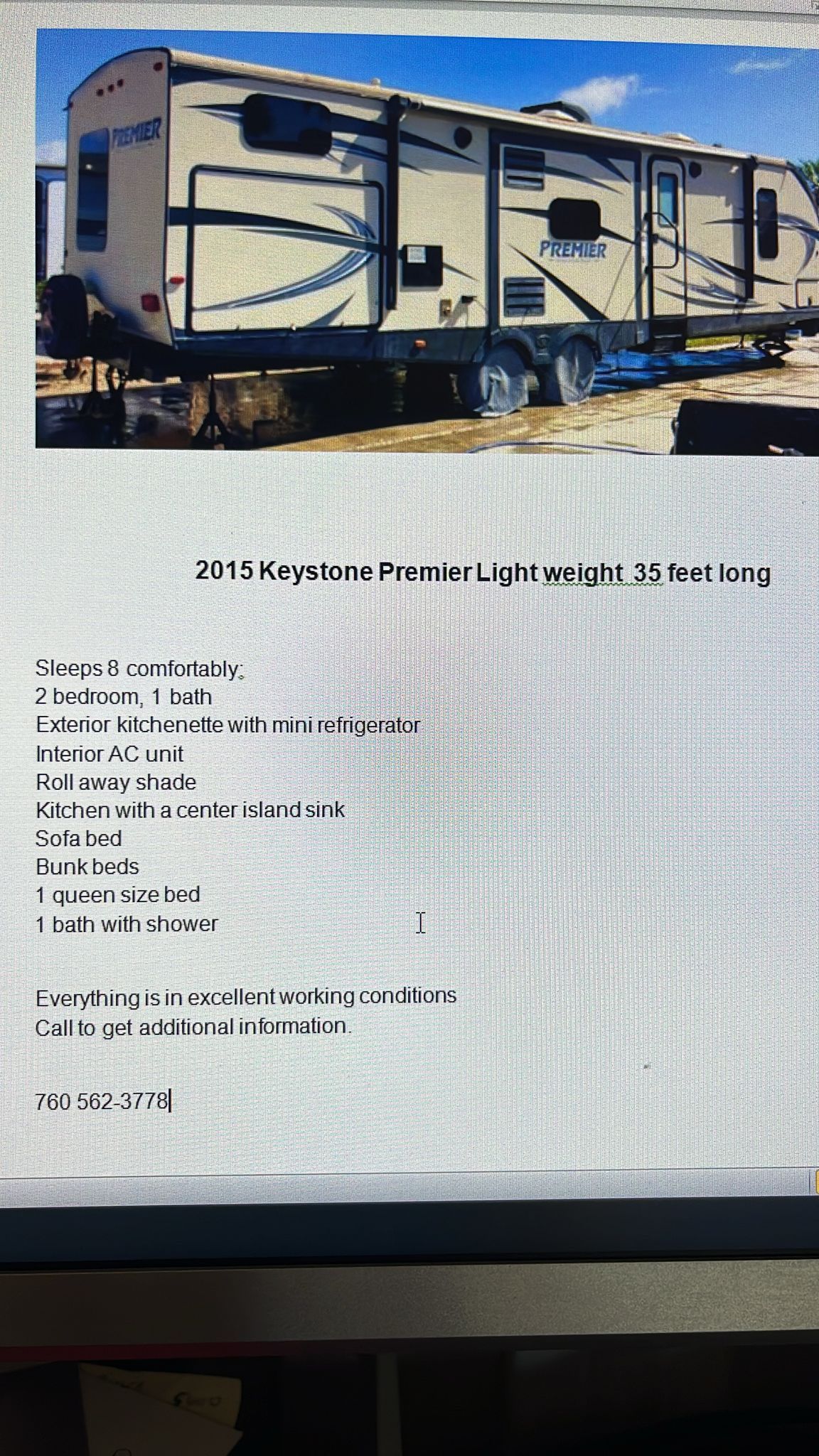 2015 Keystone Premier Light 35 Feet Long $22,000 OBO