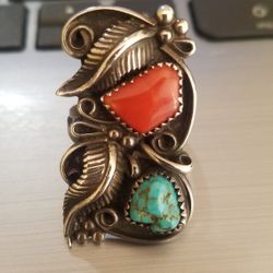 Navajo Sterling Silver Turquoise Coral Ring