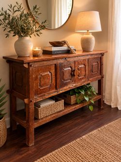 Antique Carved Wood Console Sideboard Cabinet
