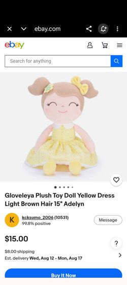 Gloveleya Plush Toy Doll,  Yellow Dress Light Brown Hair 15" with Backpack