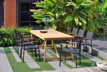 BRAND NEW 9 Piece Teak Patio Dining Set - Outdoor Table And Chair Furniture - Black Aluminum