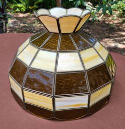 Vintage 1970s Tiffany-Style Slag Glass Pendant Lamp Shade Bar Pizza Amber & Cream Stained READ!