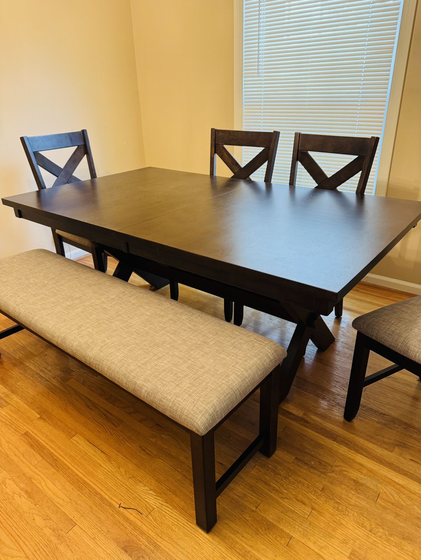 Brown Wood Farmhouse Rectangular 72-90" Extendable Dining Table With Bench + Side Chair Set For 6