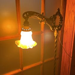 1940’solid Cast Iron Floor Lamp With Original  Glass Hand Made Shade